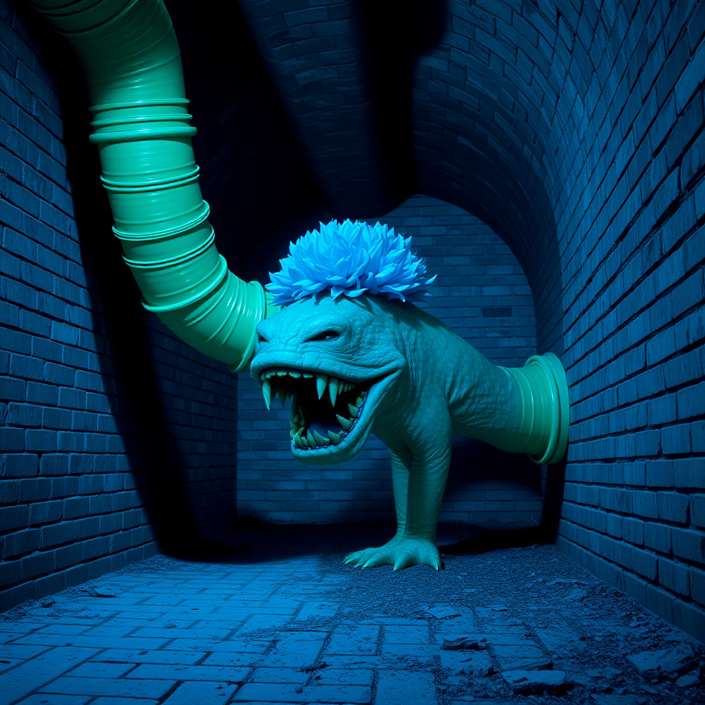 Interior. Underground scene with brick walls and floor. Blue tinted lighting. A large green drain pipe sticks out of the ground. Out of the pipe comes a blue-headed PLANT/flower monster with large teeth. The monster looks like a 1980s movie monster.