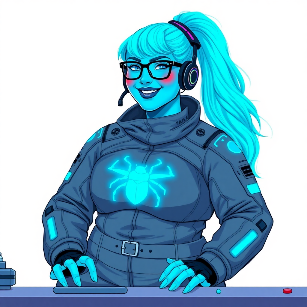 A nerdy, full figured light neon blue glowing skinned 29-year-old computer program hybrid with a long, light neon blue glowing ponytail. She wears maximum blue lipstick and has bright blue eyes. Her outfit includes a digital, computerized, middle gray biker suit featuring a neon blue glowing beetle chest icon. She sports a sapphire headset and black eyeglasses, with a beaming smile and neon red blush. Her full figure reflects the doting care of her vigilante boyfriend. As his tech expert, she works diligently at her lab table in their hideout. The background is solid white. She has a prominent, gargantuan, round midsection, titanic limbs, and broad shoulders. Her neon glowing turquoise skin highlights her digital nature. She is drawn as if she was in a retro 2D cyberpunk fighting game.