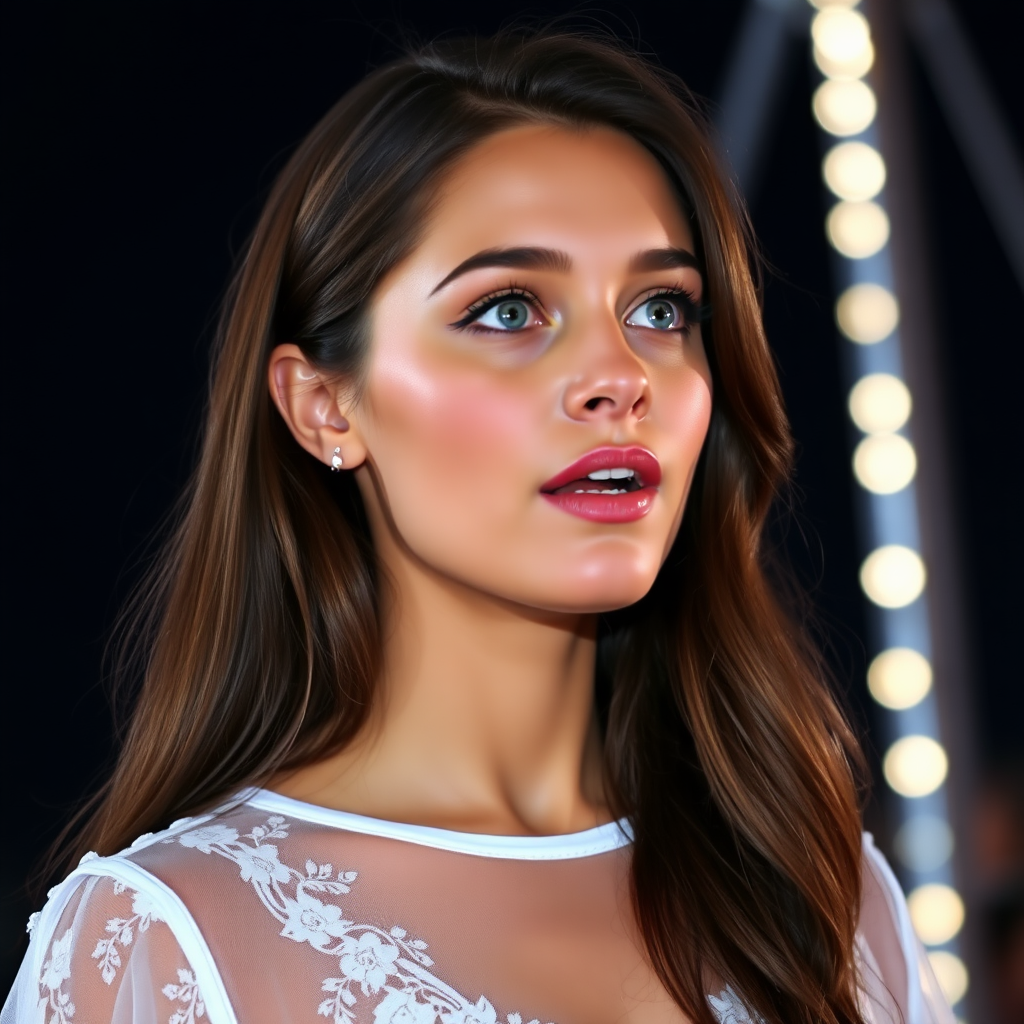 a young woman singing. she is looking like lucy thomas. long brunette hair with highlights, narrow pale blue eyes. suntanned skin. small lips with pale red lipstick. looking to the side. wearing a white dress with transparent lace. view from far. night sky in background. photo