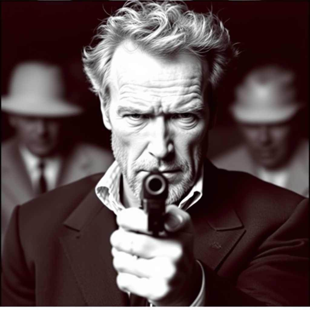 Clint Eastwood holding a gun. realist photo.