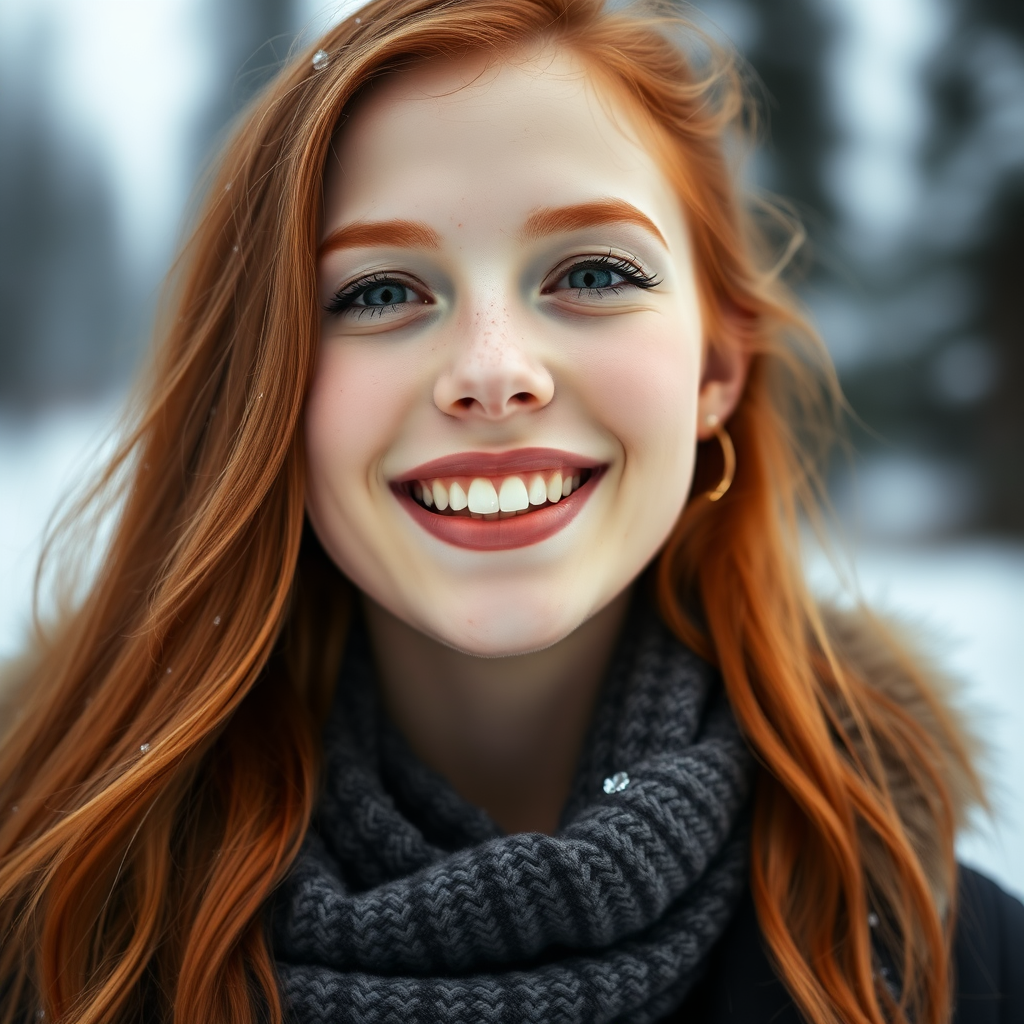 beautiful young woman with lush ginger long hair, full lips, pale skin, on Alaska during winter smiles