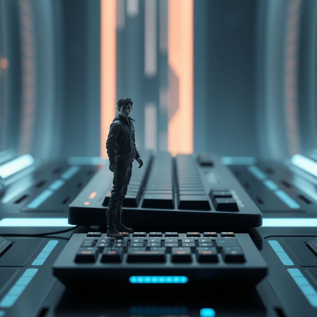 Sci-fi digital art. Tiny man standing on table near a futuristic keyboard that looks huge compared to him. Looking up at the viewer.