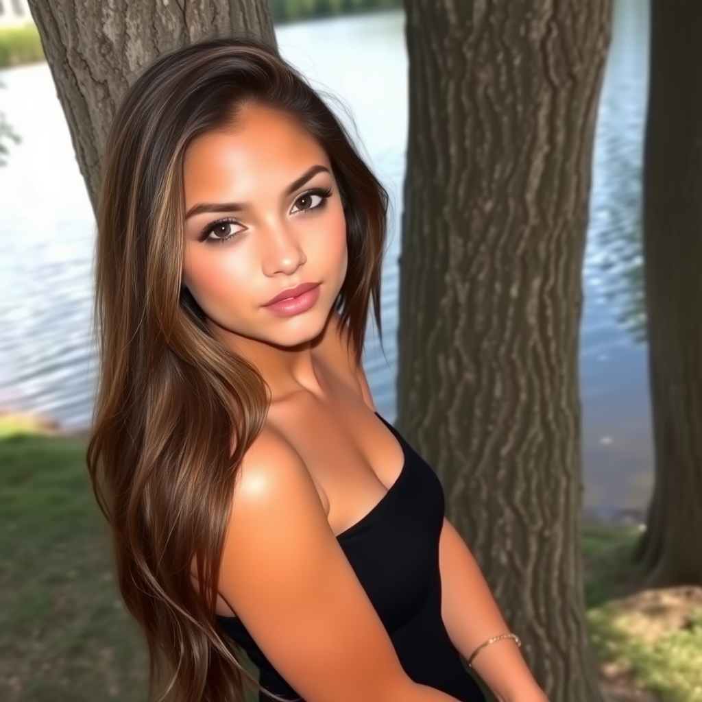 a young woman. long brunette hair with highlights, dark brown eyes. suntanned skin. small lips with lipgloss. wearing a short black dress and black high heels. standing at a tree with crossed legs. interested look. standing next to a lake. sweet look. photo