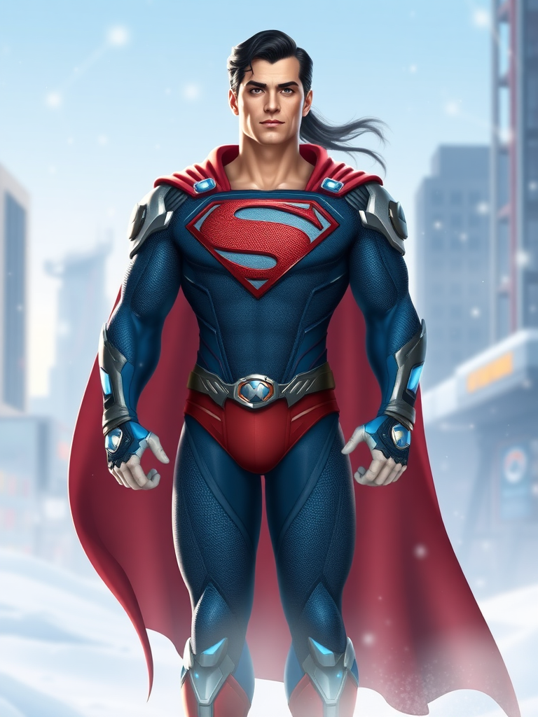 Create a full-length rendered image of Superman, integrating the female figure of Mei from Overwatch as the body. Retain Superman's head, hairstyle, and facial features. Merge Superman's costume with embellishments from Mei's outfit, ensuring the costume fits the new proportions. Design the background inspired by both Superman's Metropolis and the futuristic, snowy settings of Mei's scenes in Overwatch. Prioritize a harmonious blend of both characters' elements without losing their unique identities.