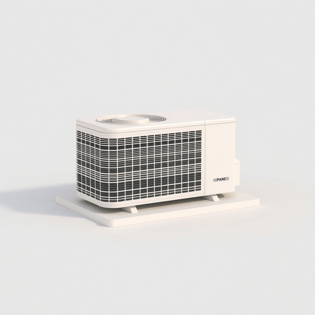 A simple, 3D model of a standard residential outdoor air conditioning unit or condenser. The unit should be placed on a flat surface. The unit should be a neutral color. Plain, uncluttered background. No text.