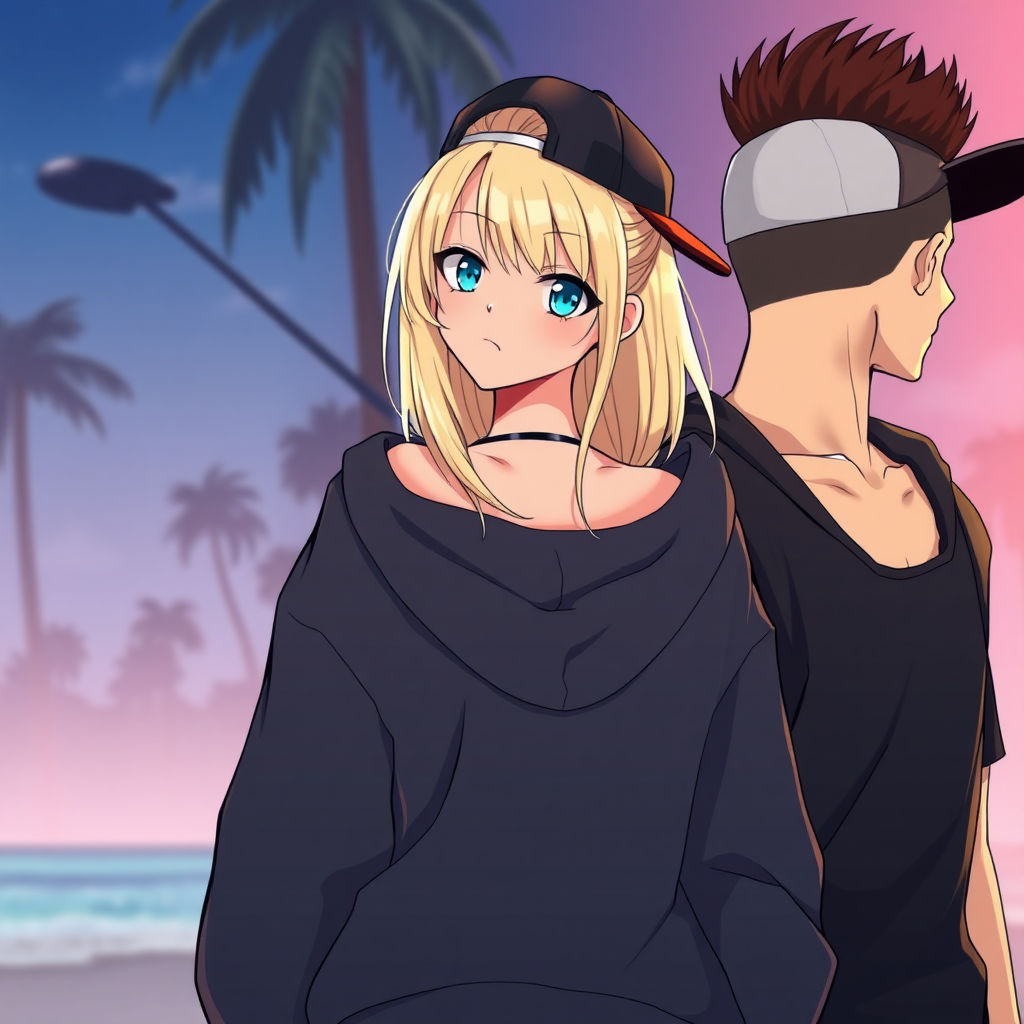 Anime art, scene on the back, 3 people, a white-ghetto blond girl with blue eyes wearing a black-micro bikini under a bape hoodie, a handsome white latino male with a sideways cap and brown-dark fohawk hair.