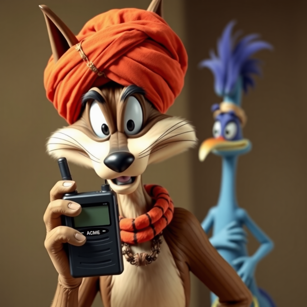 Wile E Coyote, wearing a turban, holding a black 1980's beeper that is branded Acme. Roadrunner in the background dressed like a hassidic jew.