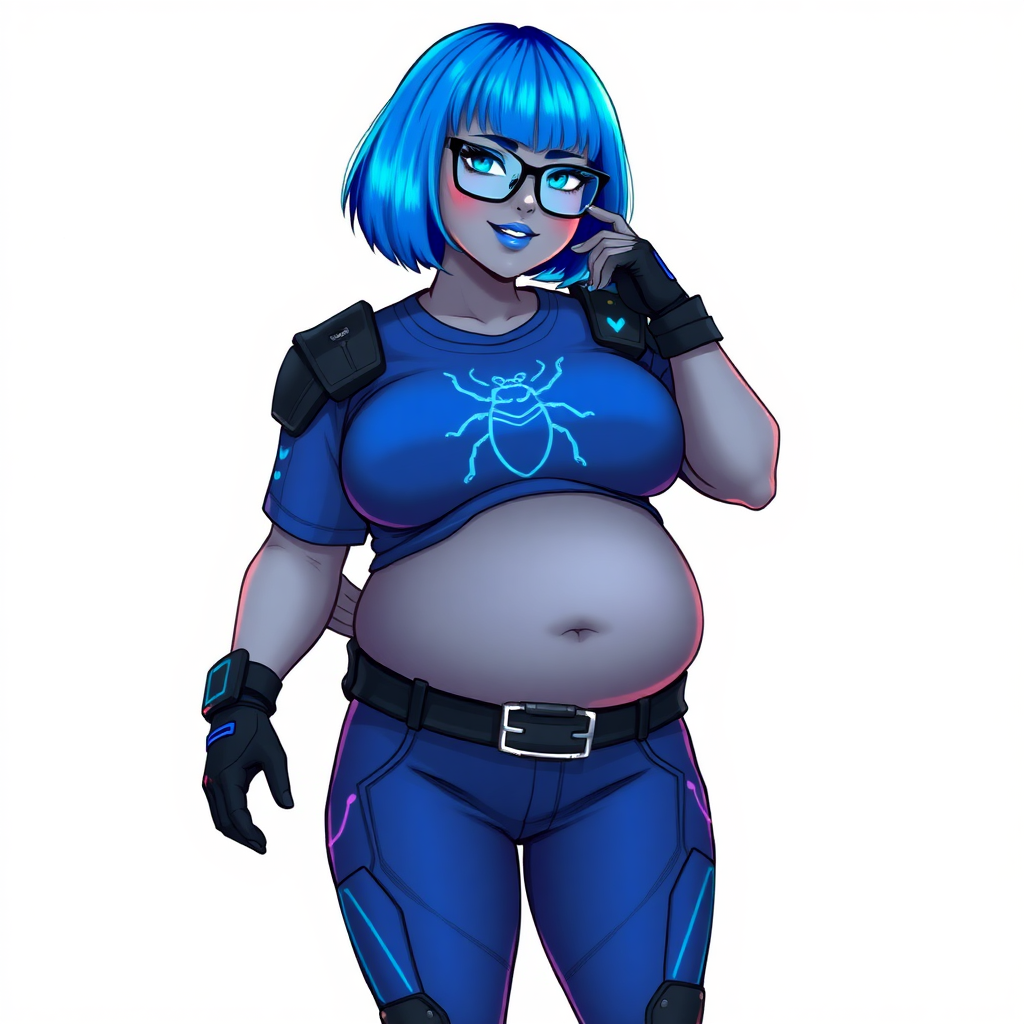 A 28-year-old, full-figured, metallic middle gray skinned computer program hybrid with a vibrant maximum blue bob cut. She has a non-athletic build, highlighted by a prominent, round, large midsection (fully emphasizing her round large belly) while being covered by her large t-shirt, reflecting her new junk food eating habits influenced by her boyfriend. As the full-figured, nerdy, digital sidekick to her cyberpunk vigilante boyfriend, her middle gray metallic skin and maximum blue lipstick underscore her digital essence. She dons a digital, computerized outfit: a large, tight-fitting, high-tech, maximum blue t-shirt with neon blue glowing beetle themed accents complete by a giant neon blue glowing beetle icon on the chest, hi-tech shoulder pads with neon blue accents, a black hi-tech belt with a digital neon blue glowing buckle, digital maximum blue pants with neon blue accents, and black hi-tech gloves with neon blue glowing accents. Her neon blue glowing eyes, black eyeglasses with neon blue glowing lenses equipped with a built-in HUD, and shy smile with neon red blush highlight her nerdiness. She stands bashfully with one hand behind her back and the other gently touching her cheek, her outfit covering all her bare skin and fully emphasizing her full-figured physique (especially her large belly). She is clearly non-athletic, with a heavy focus on her full-figured physique (with full emphasis on her large belly). Despite her build, she radiates beauty. Her slim face contrasts with her physique, accentuating her radiant beauty. She is set against a solid white background. She is drawn as if she were in a retro 2D cyberpunk fighting game.