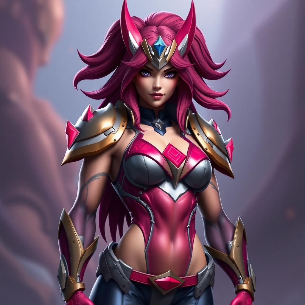 Generate a full-length hyper-realistic render of Star Guardian Jinx featuring a chiseled, heroic physique, broad shoulders, and powerful muscles while keeping her head intact. Modify the silhouette to align. Craft a background setting fitting both the Star Guardian theme and the new heroic physique.