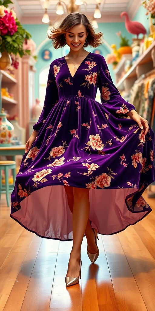 In a whimsical boutique setting filled with bright, vibrant colors and eclectic decor, a woman steps gingerly into the frame, adorned in an outrageously oversized dress that seems to have a life of its own. The dress, crafted from luxurious deep purple velvet, boasts an intricate floral pattern of shimmering golds and soft pinks that dance across its surface, reminiscent of a blooming garden in spring.

Each step she takes sends ripples through the voluminous fabric, causing it to billow dramatically behind her like a fluffy, pastel cloud floating through a sunlit sky. The hem of the dress sweeps the polished wooden floor, trailing behind her and picking up delicate wisps of glittering dust illuminated by the soft overhead lights.

As she walks, the dress swirls around her with an elegant grace, each fold and layer revealing glimpses of a contrasting silky lining—perhaps a pale mint or soft lavender—that glimmers mischievously with her movement. Her expression mirrors a delightful blend of shock and amusement, the oversized silhouette making her resemble a child lost in a fantastical daydream, playing dress-up in their parent's closet.

The air is filled with a faint scent of vintage perfume and sweet cotton candy, creating an airy atmosphere that complements her playful demeanor. The scene captures a sense of joy and spontaneity, inviting viewers to join her on this enchanting adventure where fashion and whimsy collide.