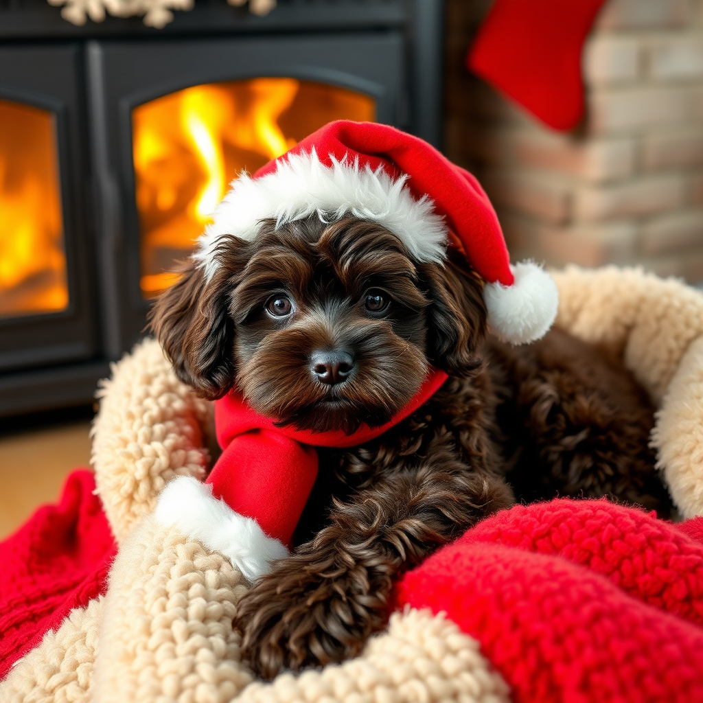 cute medium sized dark chocolate colored cockapoo, with Santa Claus, laying on super soft blankets, with a scarf and a silly hat, next to a roaring fireplace