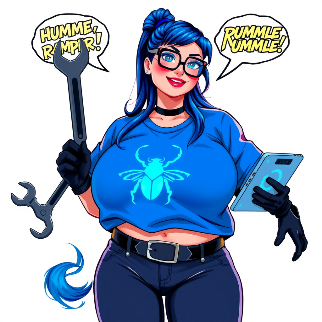 A 28-year-old, full-figured tech genius, she is the devoted girlfriend and sidekick of a cyberpunk vigilante. Her long, maximum blue ponytail and glowing sapphire eyes are striking features. Her prominent, round midsection, gigantic limbs, and broad shoulders define her full figure. As the loyal and supportive sidekick, she plays a crucial role in their missions, using her digital and technological prowess to assist and protect.

She wears an oversized maximum blue t-shirt with a glowing neon blue beetle chest icon, maximum blue lipstick, and black high-tech gloves. Her neon red blush and lovestruck smile are ever-present as she holds a futuristic wrench and a digital holographic tablet. Her full figure (especially her round midsection) shows how pampered she is by her doting boyfriend. Her nerdiness is unmistakable, accentuated by her black oversized eyeglasses. She is on a solid white background. Her tummy makes visible rumbling noises showing that obviously it's time to be massively pampered by her boyfriend. She serves as her boyfriend’s indispensable tech expert. She is drawn as if she was in a retro 2D cyberpunk fighting game. There is a maximum blue rumble comic book balloon coming from her shaking stomach showing her visible hunger in the background.