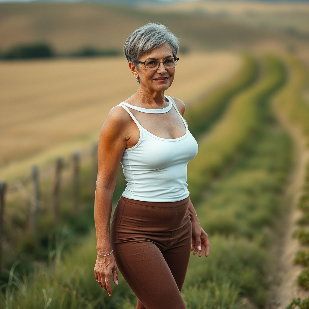 sexy Woman, 45 Years old, European, Latina, sharp aquiline nose, wrinkles, high cheekbones, Middle Eastern, Skinny, Tanned skin, Dark light skin, Makeup, Serious face, frowning, smiling, jewelry, Ash dark grey hair, bowl haircut, Slicked short hair, Short hair, black eye color, Glasses, detailed features, tight short white sheer tank top, bra line, jacket on shoulders, brown tight leggings, panty line, long legs, high heels sandals, round ass, walking in the countryside, full body, long establishing shot, side back view