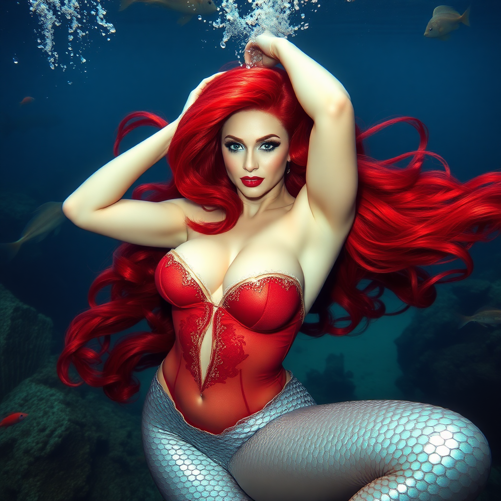 Jessica Rabbit as a fit and trim mermaid underwater amazing loose flowing hair floating in a nimbus around her beautiful face her arms outstretched languidly over her head. she's looking directly into the viewer's eyes making intense eye contact. diaphanous gossamer. Burlesque. Stunning undersea life details plants and fish and other creatures of the sea. Impressive, shining scaled mermaid tail. Amazing HD DSLR photographic output.