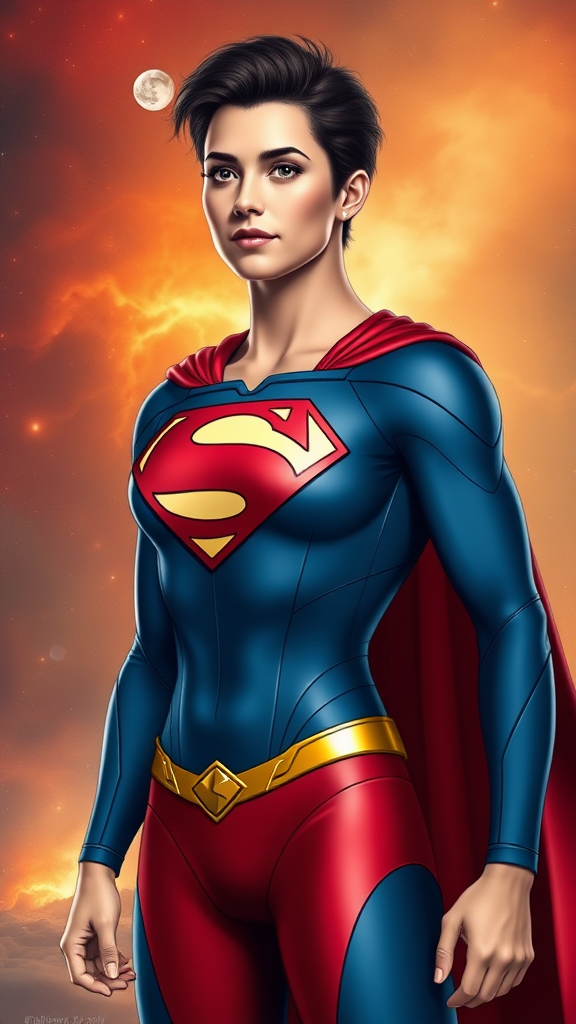 Generate a full-length image of Superman featuring the female body structure of Elastigirl. Keep the head intact, including hairstyle and facial features. Retain the original costume while adding embellishments, adjusting it to fit the new proportions. Create a background inspired by both characters, blending elements from Superman's world and Elastigirl's environment.