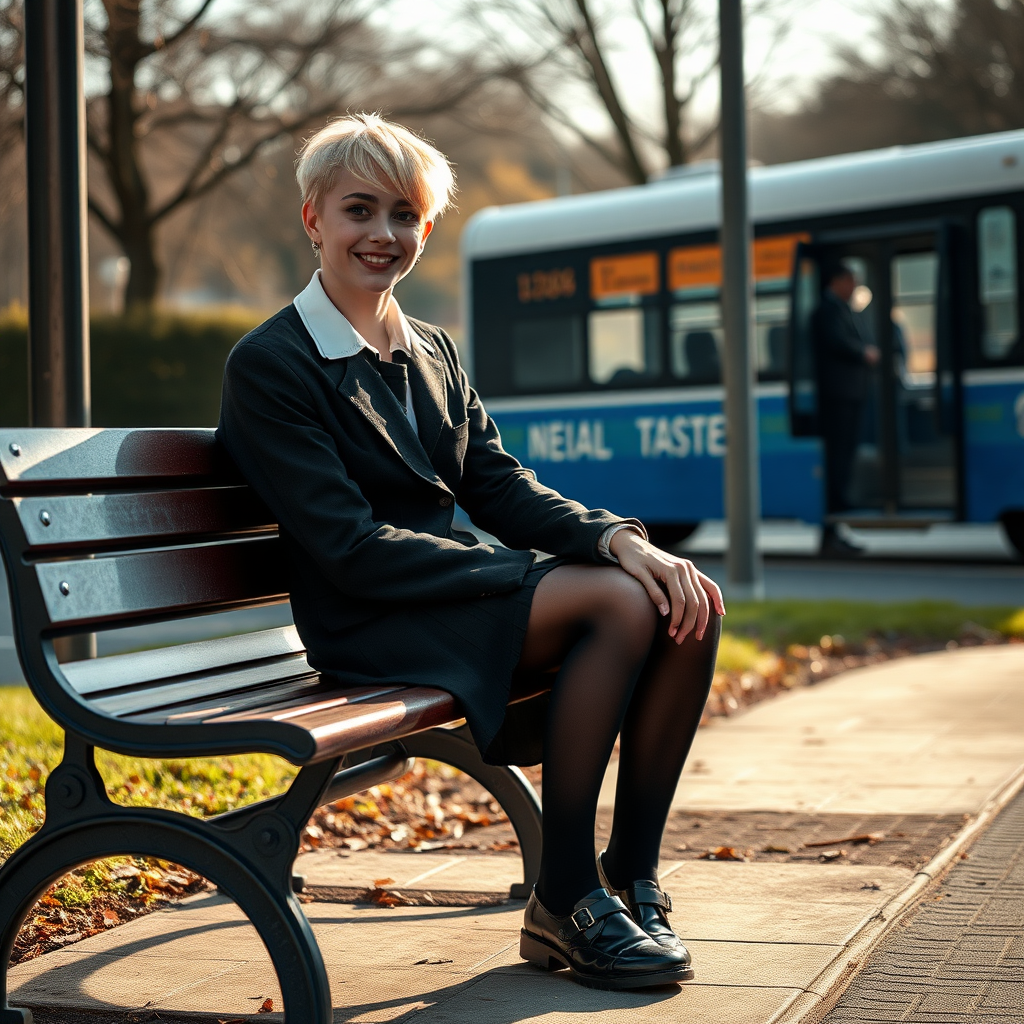 photorealistic, ultra high resolution, 16K, surreal fantasy, soft studio lighting, a pretty 18 year old goth male, slim male physique, short blonde hair, goth makeup, earrings, shiny black pantyhose, UK girls-school uniform, Mary-Jane shoes, sitting on a bench waiting for the school bus, in daylight, excited smile, facing the camera.