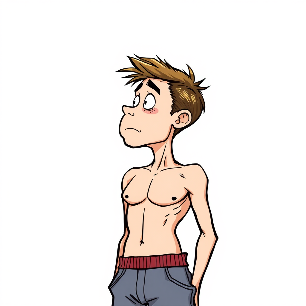 shy nervous small 20 year old european skinny man, amazed, bare chest, red tight men's brief, tense fabric, look from below, side view, 2D, caricature, cartoon, Sketch lines, coloring book, coloring book