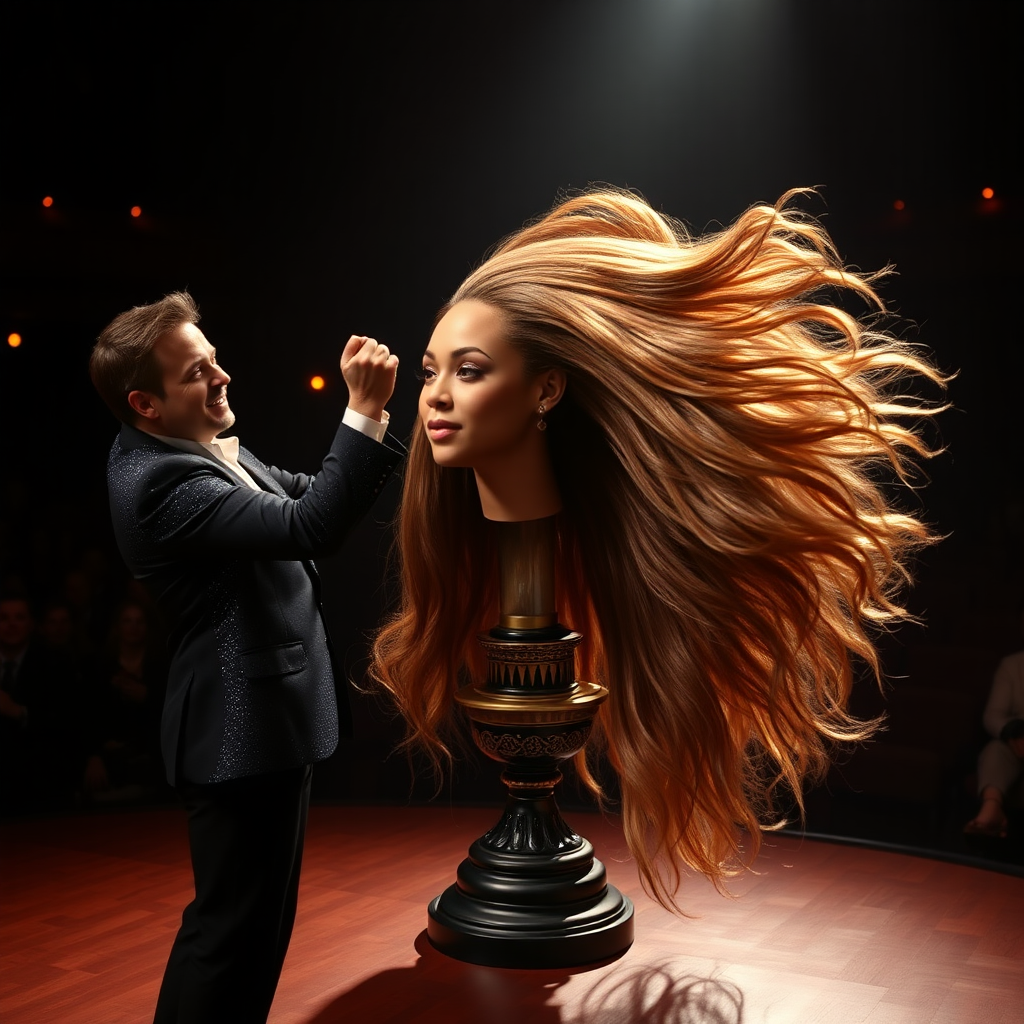 In a dimly lit theater, the atmosphere crackles with anticipation, the audience's murmurs a blend of curiosity and skepticism. On a grand, elegantly adorned display stand sits the disembodied head of the enchanting Beyoncé, her radiant skin glistening under the soft, warm glow of the spotlight. Her striking features are perfectly framed by cascading locks of lustrous, very long hair that shimmer with hues of light brown and hints of rich mahogany, reminiscent of polished silk.

Standing beside her is the magician, a charismatic figure in a sharp, tailored suit that glints with sequins in the light. With theatrical flair, he holds her voluminous hair aloft, fingers splayed wide, deftly spreading it out like a shimmering waterfall, mesmerizing the audience. The hair flows like liquid night, each strand capturing the light as it falls gracefully to the ground, creating a stunning, almost surreal contrast against the stark wooden stage.

The magician’s face is lit with a confident smile, his eyes sparkling with the thrill of the performance, as he engages the audience with playful banter. Their gasps and laughter echo throughout the room, a symphony of wonder and disbelief. The scent of polished wood and fresh popcorn wafts through the air, mingling with the underlying electricity of the moment. Time seems to stand still as the audience leans in, captivated by the spectacle, a seamless blend of illusion and artistry that promises to defy reason and ignite imagination.