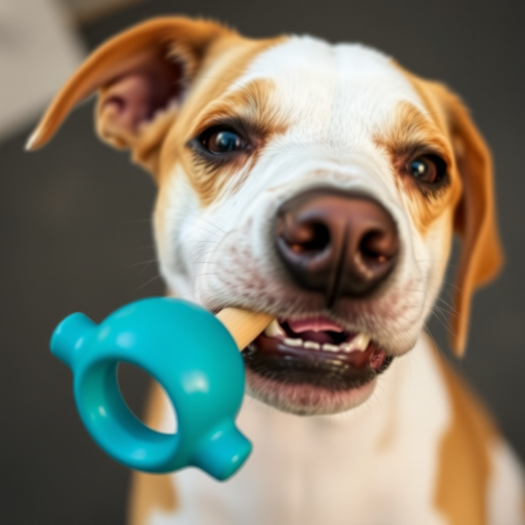 Dog biting a toy, close-up shot, head, raising its chin.