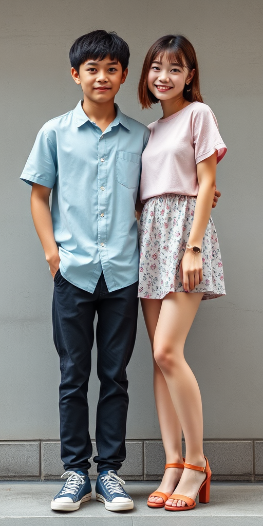 A realistic photo of a 14yo teen boy and girl. Japanese. Long legs. Full length view.