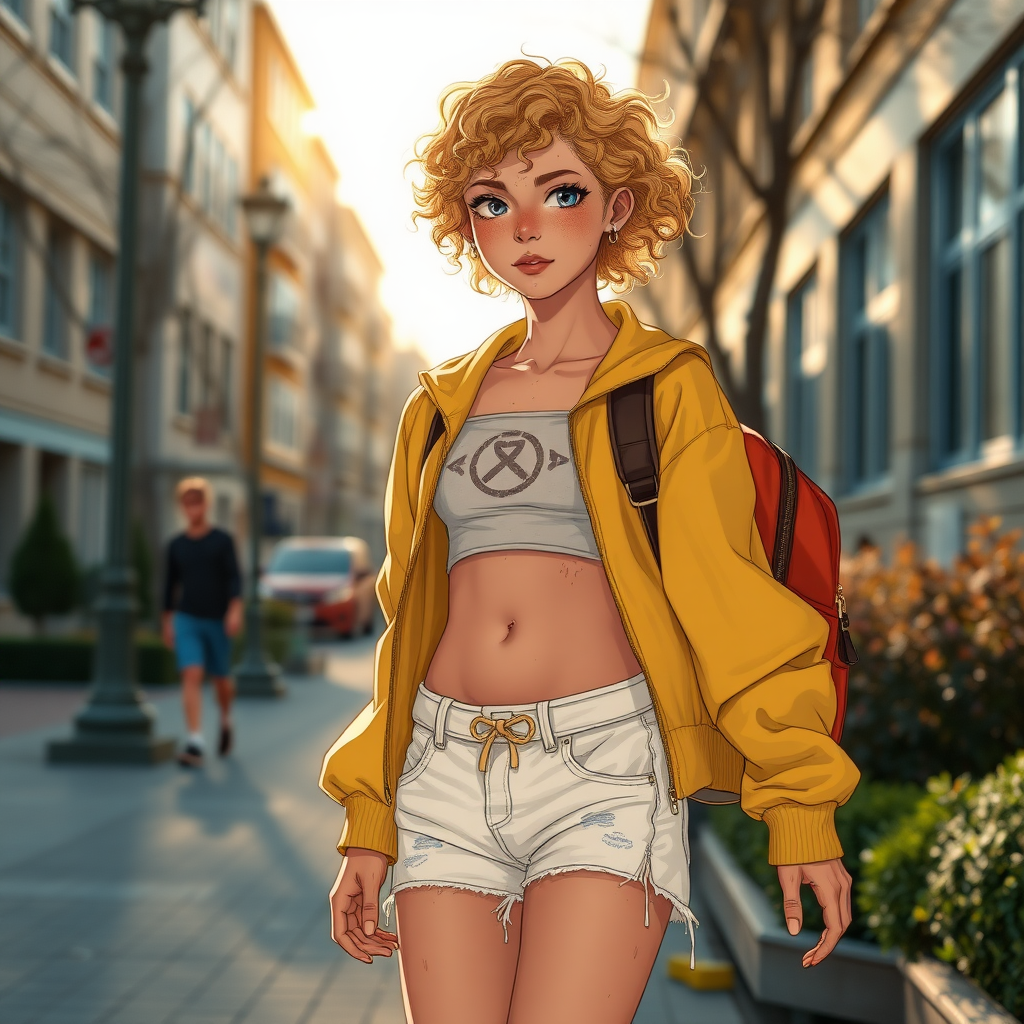 Ultra Realistic taken photo style image, Extremely good quality 8k resolution drawn manga image of a 15 year old petite and short tomboy girl with golden blonde curly hair with mixed and different colored eyes for each eye and moles on her entire body and is a white American girl, Has on a Gold Jacket over a white extremely short crop top only covering her breasts and nothing more with a design on it, and has on ripped shorts and cool looking sneakers and a deep and big wound and no tattoos on her stomach from a huge injury she had, with a bright color backpack, ear piercings on, walking on the street to school in the morning with the beautiful sunlight lighting up her body beautifully.