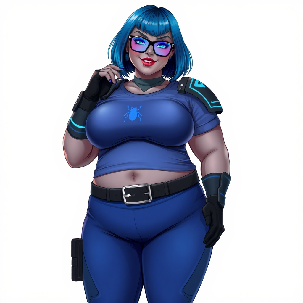 A 28-year-old, full-figured, Middle Gray skinned, computer program hybrid with a maximum blue bob cut. She has a clearly, non-athletic, full-figured build, highlighted by a prominent, round, large midsection (with heavy emphasis on her large belly). As the full-figured, nerdy, digital sidekick to her cyberpunk vigilante boyfriend, her metallic middle gray skin and maximum blue lipstick emphasize her digital nature. She wears a digital, computerized costume, consisting of a huge, tight-fitting, maximum blue t-shirt with a neon blue glowing chest icon of a beetle, digital shoulder pads with neon blue glowing accents, a black hi-tech belt with a digital neon blue glowing buckle, digital maximum blue pants with neon blue accents, and black hi-tech gloves with neon blue glowing accents. Her bright blue eyes, black eyeglasses with neon blue glowing lenses with a built-in HUD, and shy smile with neon red blush accentuate her nerdiness. She stands bashfully with one hand behind her back and the other hand gently touching her cheek, her costume covering all her skin and emphasizing her full-figured physique (especially her belly). She is clearly non-athletic, with a heavy focus on her large belly. Despite her build, she radiates beauty. She has a slim face compared to her physique, accentuating her radiant beauty. She is on a solid white background. She is drawn as if she were in a retro 2D cyberpunk fighting game.