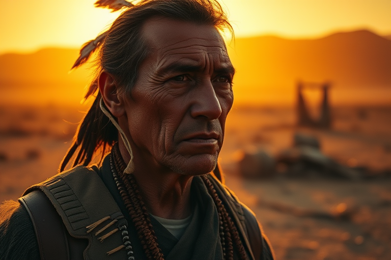 A weathered Native American man stands resiliently in a desolate, post-apocalyptic landscape, reminiscent of a Terrence Malick film, with warm, golden hour light casting long shadows behind him, illuminated by a low-placed, diffused sun, and subtle, cool fill light on his face, accentuating his sharp, angular features and worn, earthy skin tone, his dark, piercing eyes gazing out into the horizon, as if searching for hope, with a subtle, determined expression etched on his face, amidst the ruins of a once-thriving world, with a shallow depth of field and a touch of film grain, evoking a sense of grit and realism.