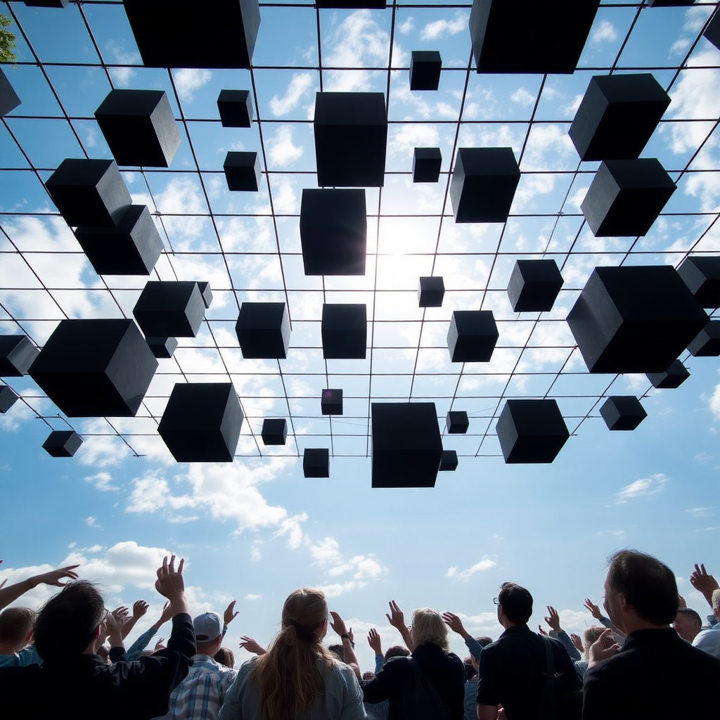 People all over the world look up and see black grid cubes extending in the sky.