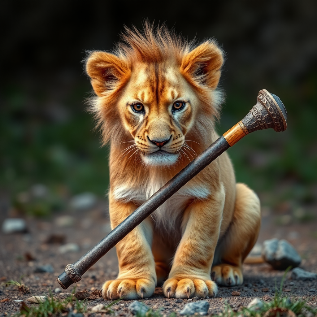 Lion cub holding a mace