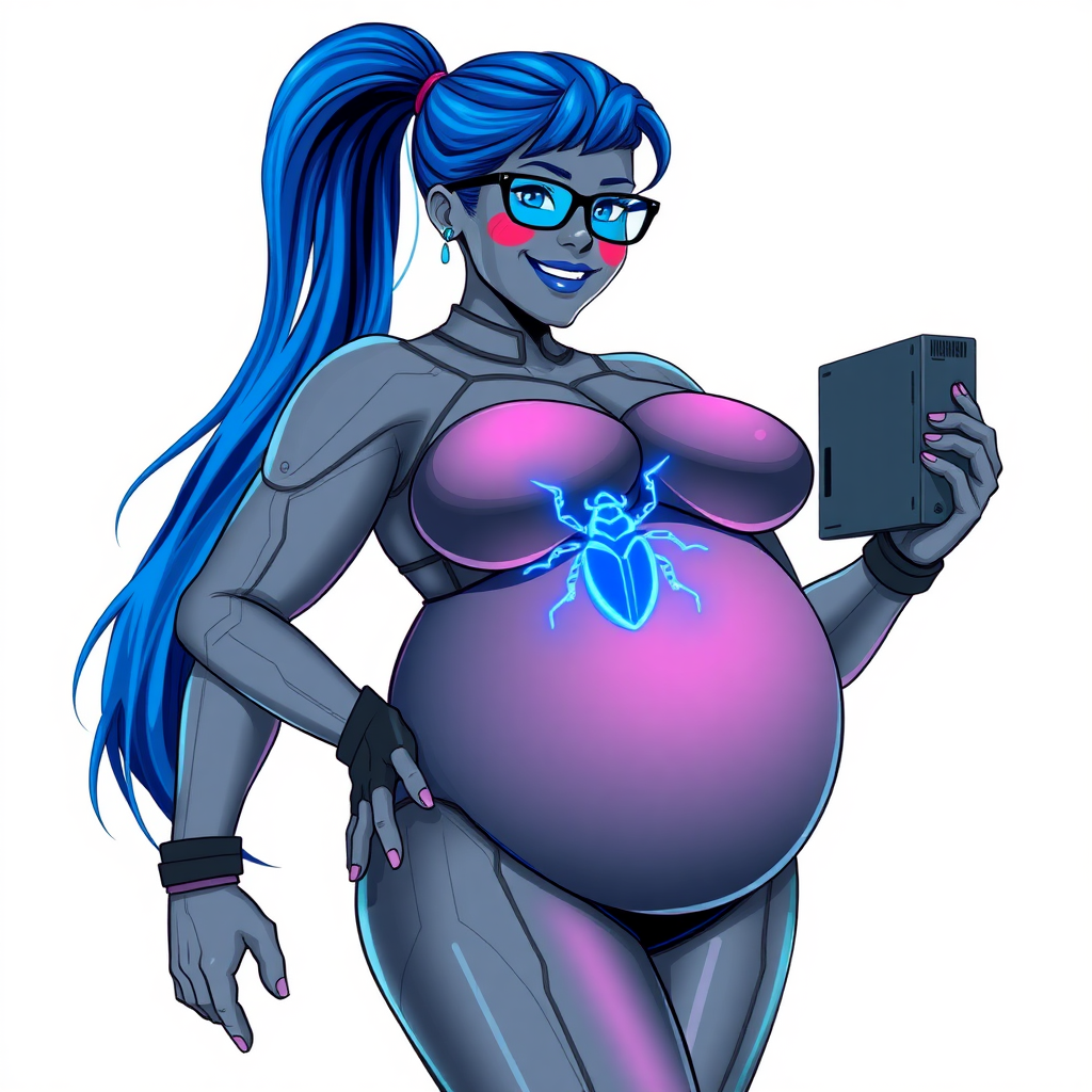 A 28-year-old computer science major embracing her new life as her cyberpunk vigilante boyfriend's nerdy, full-figured, heavily pampered, metallic middle gray skinned computer program hybrid girlfriend and digital sidekick with a long, maximum blue ponytail. She wears maximum blue lipstick and has bright blue eyes. Her outfit includes a digital, computerized, middle gray bodysuit (accentuating her gargantuan midsection) featuring a neon blue glowing beetle chest icon. She sports black eyeglasses, with a beaming smile and neon red blush. Her full figure reflects the doting care of her vigilante boyfriend. She uses her power to hack into computers and machines to serve as her hero's minicomputer operating out of his hi-tech wristwatch and supercar's supercomputer. The background is solid white. She has a prominent, round, gargantuan midsection. Her midsection is bloated to emphasize her physique. Her middle gray metallic skin highlighting her digital nature. She is drawn as if she was in a retro 2D cyberpunk fighting game.