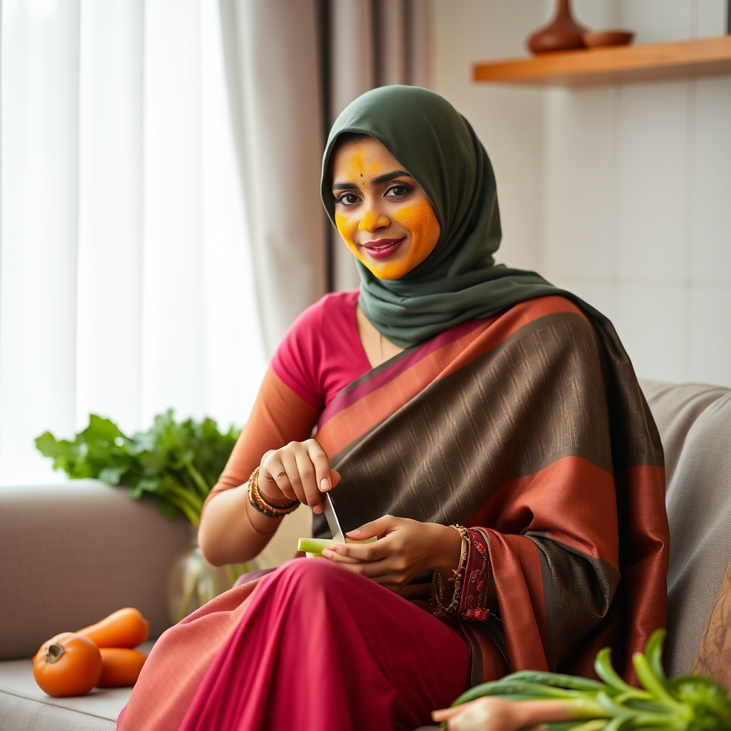 slim, 30 year old, modern indian wife with saree and hijab, turmeric paste on her face. she is sitting on a sofa and cutting vegetables