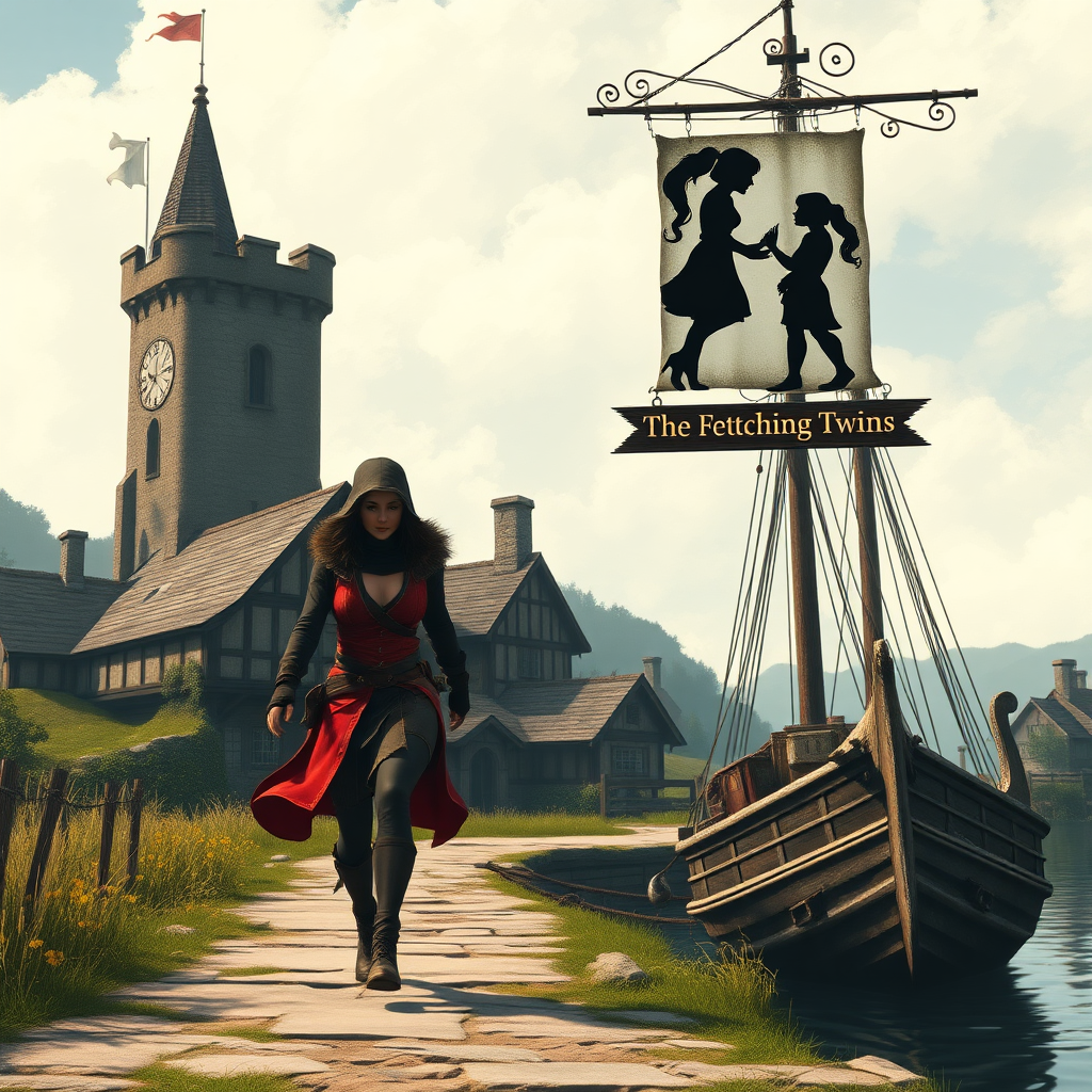 A wide distance shot of a female thief in a pastoral fantasy town. Mage tower in the background. She is fleeing from someone. Bar called "The Fetching Twins" sign (consisting of a silhouette of two women leaning together for a kiss). Village of Dryden, dock with a run down ship.