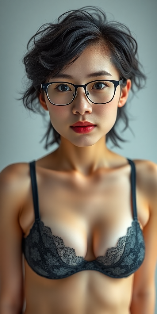 High-definition image quality, facial details, a Chinese woman, short hair, curly hair, wearing glasses, very small chest, full thighs, full hips, lingerie, black hair, full-body shot.