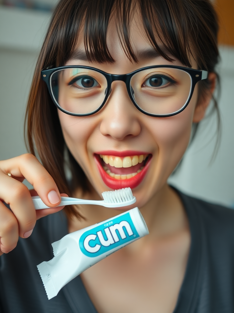 real casual photo, japanese nerdy skinny woman with big nose, big mouth, big yellowish teeth, moles, big eyeglasses and medium hair, retarded, she is putting a toothpaste called "CUM" on her toothbrush