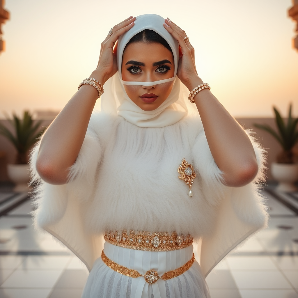 Kuwait desert palace harem patio misty dawn: Melissa, European 17 years old very convincing femboy “trophy-bimbo”, tamed servile docile, very beautiful feminine flawless face, rather short, by hormones very curvaceous womanly figured, heavily made-up eyes, wearing Supertanya-style fluffy very fuzzy bright white angora turtleneck-poncho cropped ending under bust decorated with pearls and gemstones, striking oriental wide gold bridal protection belt, white fully transparent harem pants, full Oriental bridal jewelry, face covered by white sheer full Burka, coin anklets, striking diamond “$$$” letter brooch on left chest, pout frustrated, seductively dancing hands over her head, looking at camera. Focus on face and turtleneck-poncho.