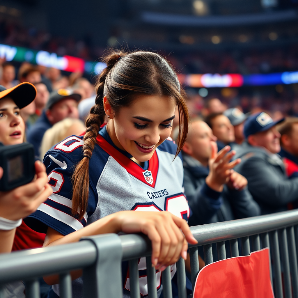 Attractive female NFL fan, pigtail hair, jersey, leaning forward over barrier, looking down to tv camera, cheering at it, inside front row crowd, TV camera perspective