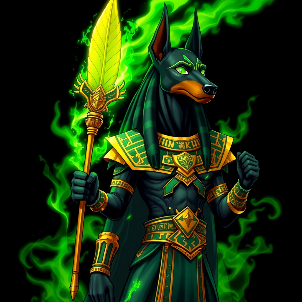 (Anime-styled art) Black background, An imposing, humanoid Doberman with jet-black fur stands tall, clad in intricate golden-green Egyptian armor. He is Anubis, exuding an aura of power and command. In his left hand, he grips a golden, feathered wand spear adorned with ancient Egyptian symbols unique point, while vibrant green flames swirl around him, crackling with magic. His piercing eyes blaze with the same green fire, casting an intense glow. The full-body view reveals every detail of his regal from legs, godlike presence, surrounded by a supernatural energy that radiates from his form.