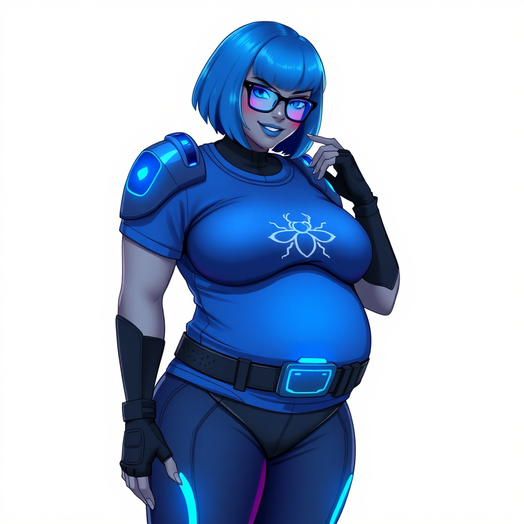 A 28-year-old, full-figured, middle gray skinned computer program hybrid with a maximum blue bob cut. She has a non-athletic build, highlighted by a prominent, round, large midsection (with emphasis on her large belly). As the digital sidekick to her cyberpunk vigilante boyfriend, her middle gray metallic skin and maximum blue lipstick emphasize her digital nature. She wears a digital, computerized costume inspired by DC’s Carrie Kelly Robin, consisting of a huge, tight-fitting, maximum blue t-shirt with a neon blue glowing chest icon of a beetle, hi-tech shoulder pads with neon blue accents, a black hi-tech belt with a digital neon blue glowing buckle, digital maximum blue pants with neon blue accents, and black hi-tech fingerless biker gloves with neon blue glowing accents. Her neon blue glowing eyes, black eyeglasses with a neon blue glowing HUD built into the lenses, and shy smile with neon red blush accentuate her nerdiness. She stands bashfully with one hand behind her back and the other hand gently touching her cheek, her costume covering all her skin and emphasizing her full-figured physique (especially her belly). She is clearly non-athletic, with a heavy focus on her large belly. Despite her build, she radiates beauty. She has a slim face compared to her physique, accentuating her radiant beauty. She is on a solid white background. She is drawn as if she were in a retro 2D cyberpunk fighting game.