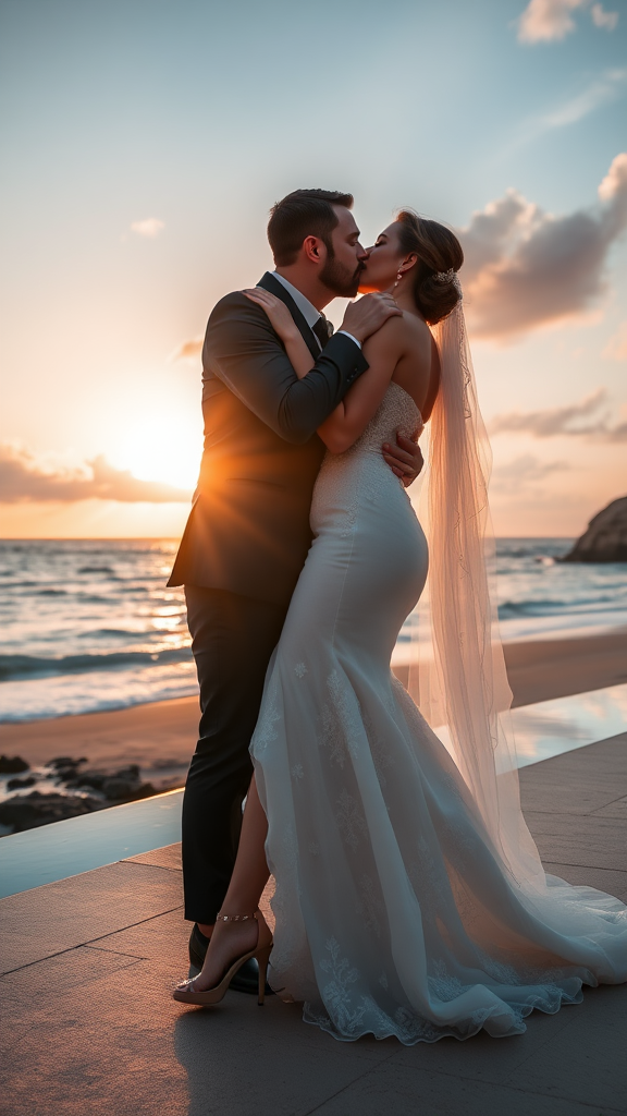 In the background, the bride and groom are dressed elegantly, she in high-heeled shoes and he in patent leather shoes, he passionately kisses the bride, with the sea and a beautiful beach in the background, the sky at sunset with sun rays and clouds.