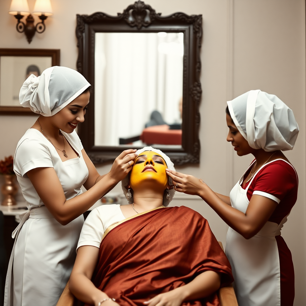 2 slim French maids, wearing hair nets, working in a beauty parlour, giving a turmeric facial to a rich, traditional Indian wife.