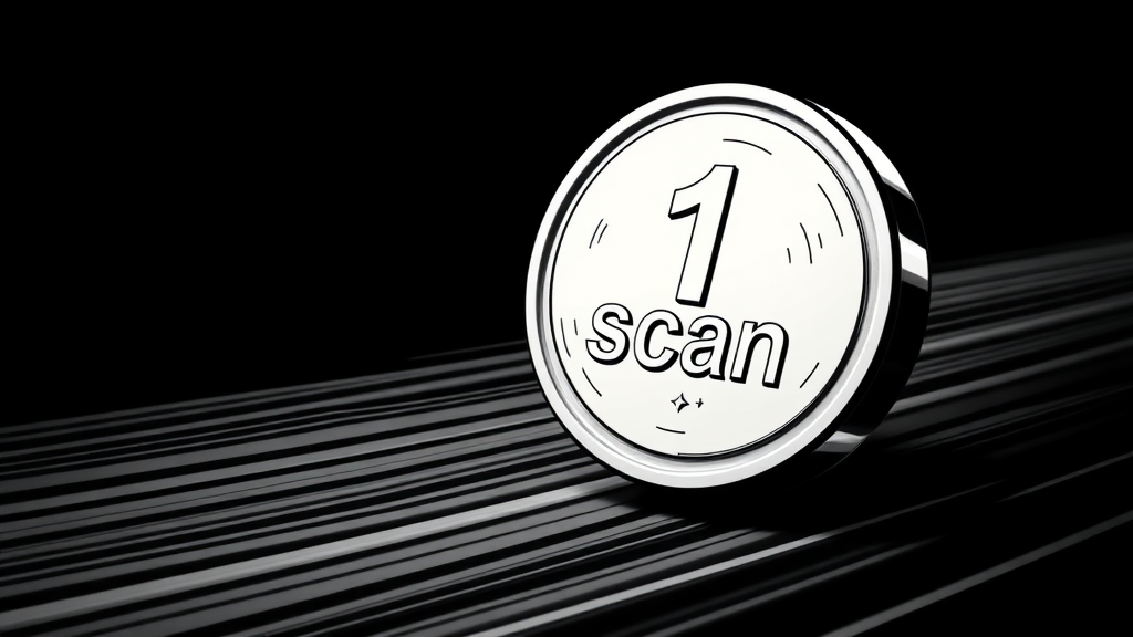 A token moving fast to the right with the engraving "1 scan"  
In the style of a comic icon in black ink only