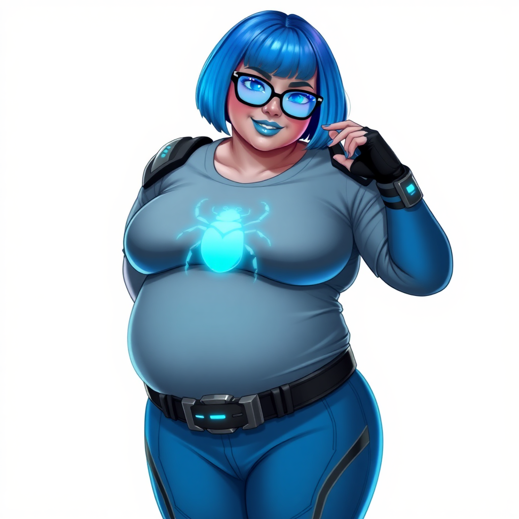 A 28-year-old, full-figured, metallic middle gray (N5) skinned computer program hybrid with a maximum blue bob cut. She has a non-athletic build, highlighted by a prominent, round, large midsection (with full emphasis on her belly), which shows the effects of her new love of junk food acquired from her boyfriend. As the full-figured, nerdy, digital sidekick to her cyberpunk vigilante boyfriend, her metallic middle gray (N5) skin and maximum blue lipstick emphasize her digital nature. Her skin has a subtle, animated glow, with digital patterns occasionally flickering across it, making her digital nature obvious. She wears a digital, computerized costume, consisting of a huge, tight-fitting, maximum blue t-shirt with a neon blue glowing chest icon of a beetle, hi-tech shoulder pads with neon blue accents, a black hi-tech belt with a digital neon blue glowing buckle, digital maximum blue biker pants with neon blue accents, and black hi-tech fingerless biker gloves with neon blue glowing accents. Her neon blue glowing eyes, black eyeglasses with neon blue glowing lenses equipped with a built-in HUD, and bashful smile with neon red blush accentuate her nerdiness. She stands bashfully with one hand behind her back and the other hand gently touching her cheek, her costume covering all her skin and fully emphasizing her full-figured physique (especially her large belly). She is clearly non-athletic, with a focus on her full-figured physique. Despite her build, she radiates beauty. She has a slim face compared to her physique, accentuating her radiant beauty. She is on a solid white background. She is drawn as if she were in a retro 2D cyberpunk fighting game.