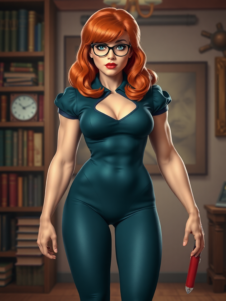 Create a full-length photorealistic image of a composite character featuring Velma Dinkley, utilizing the inverted triangle body type typical of a male bodybuilder. Maintain Velma's original head, hairstyle, and facial features. Preserve and adjust her classic costume to fit her new body structure. Design a background that draws inspiration from Velma's character, incorporating elements like bookshelves, magnifying glasses, or other mystery-solving motifs to enhance the scene's context.