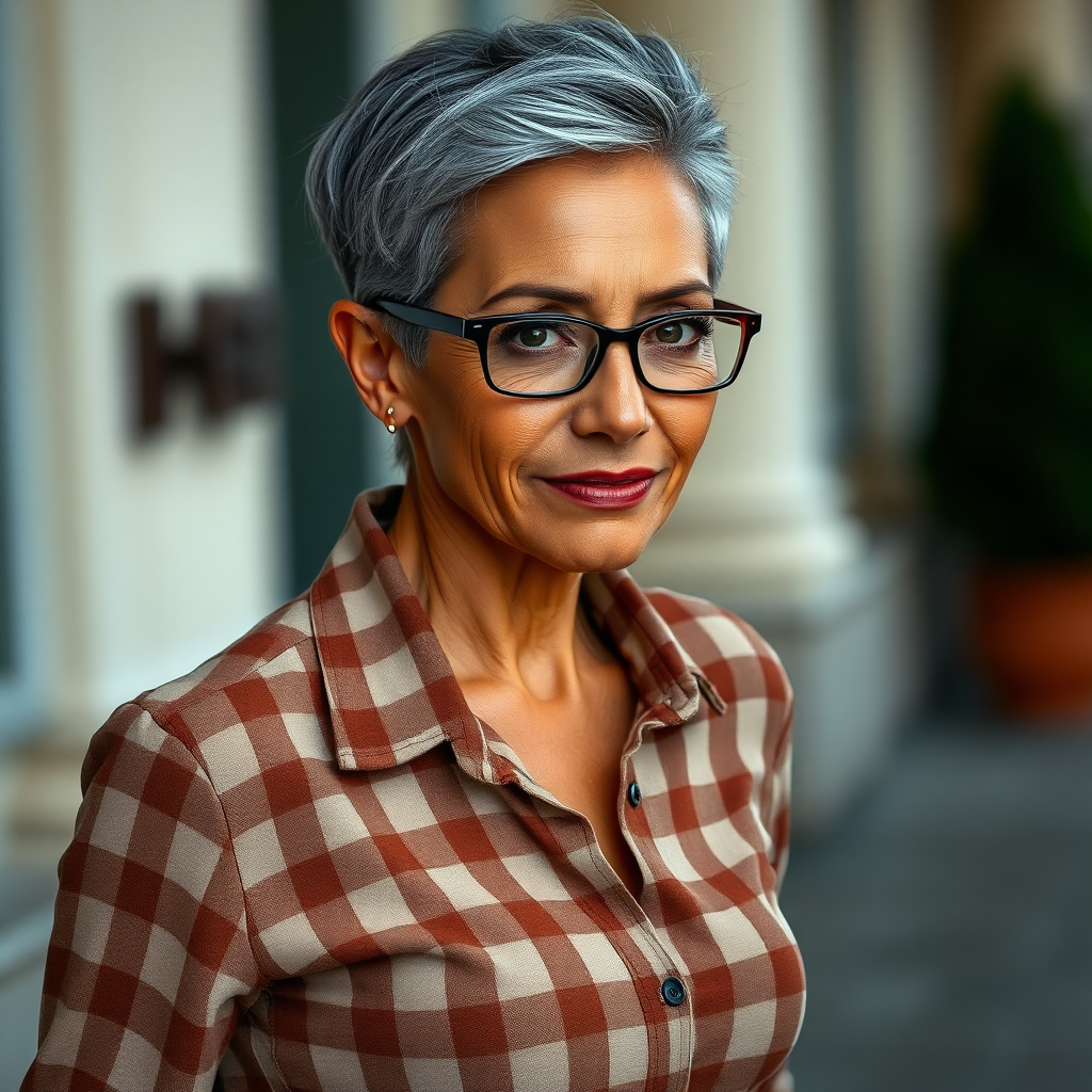 sexy Woman, 35 Years old, European, Latina, sharp aquiline nose, wrinkles, high cheekbones, Middle Eastern, Skinny, Tanned skin, Dark light skin, Makeup, Serious face, frowning, smiling, Ash dark grey hair, bowl haircut, Slicked short hair, Short hair, black eye color, Glasses, detailed features, checkered shirt, brown tight pants, long legs, high heels sandals, White hair, walking, full body, long establishing shot