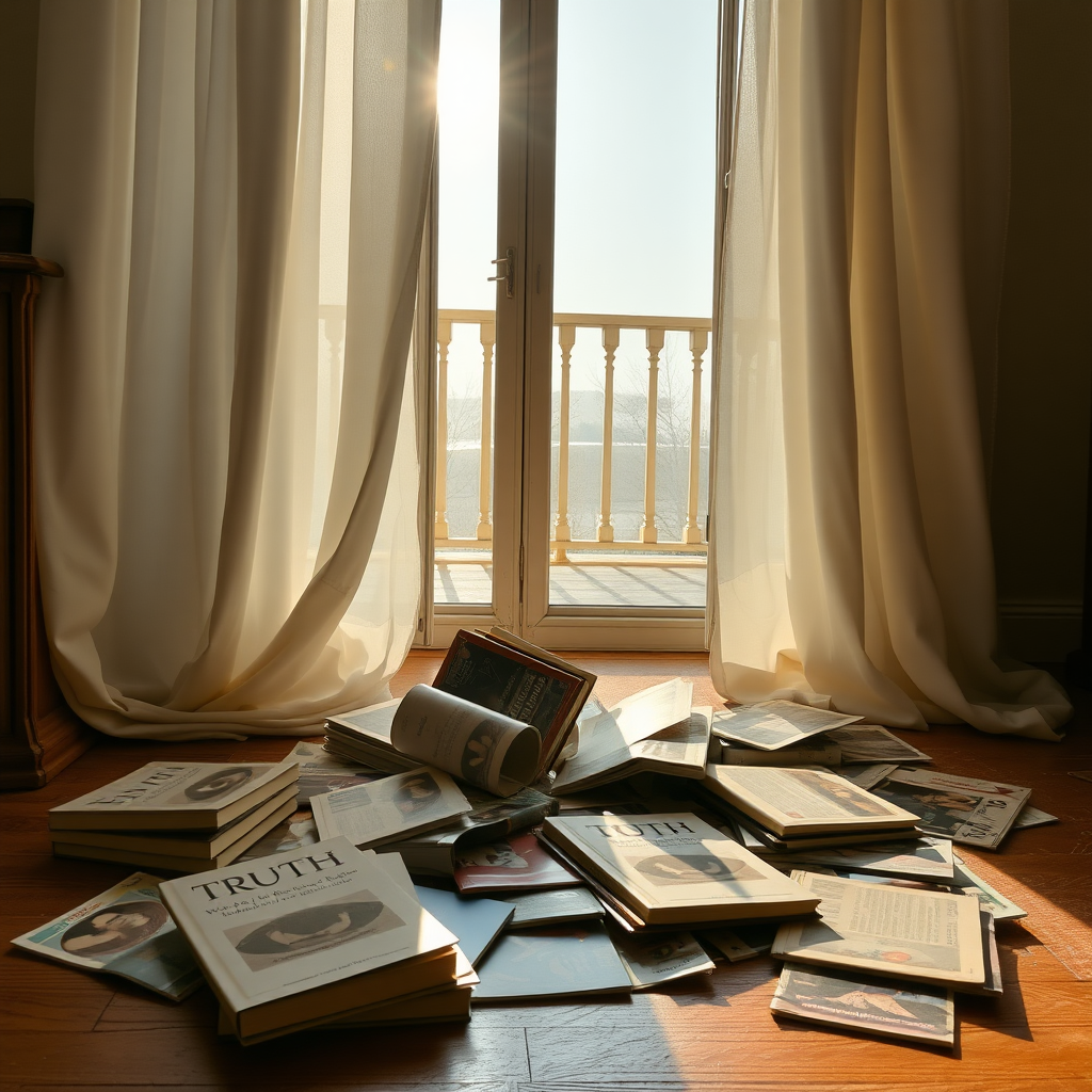 disrupted books "the truth" and watchtower magazines on the floor. in a room, the terrace door is opened. sun is outside. the curtains are moving by the wind.