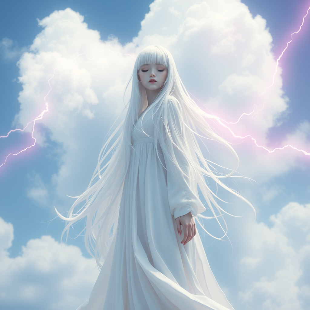 1 girl, solo, long hair, closed mouth, closed eyes, white hair, sky, clouds, white floating, floating hair, cloudy sky, long dress, electricity, pink lightning, 3D movie quality, real photo, rich in detail, ultra high resolution, 32K UHD, sharp focus, best quality, masterpiece, superb detail, delicate balance, with exquisite textures, concept art, mid-air, eyeshadow, makeup,