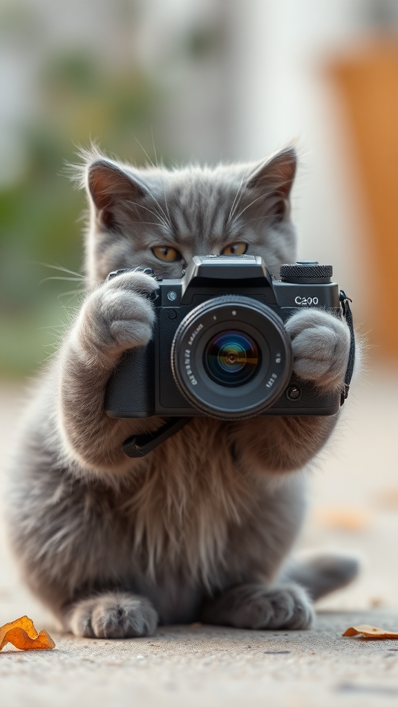 The gray kitten is taking photos with a camera.