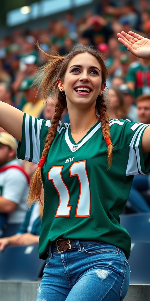 Attractive female NFL fangirl, pigtail hair, jersey, wildly cheering, in the bleacher crowd