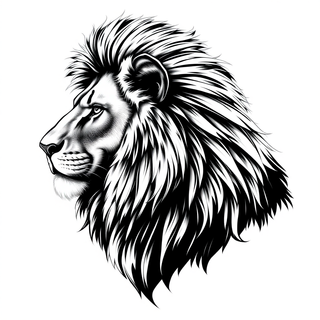 Create a realistic side profile illustration of a lion in black and white. The drawing should capture the intricate details of the lion's mane, facial features, and expression, conveying a sense of strength and majesty. The style should be artistic, resembling a high-quality sketch, making it suitable for use in branding or as part of a sports uniform design.