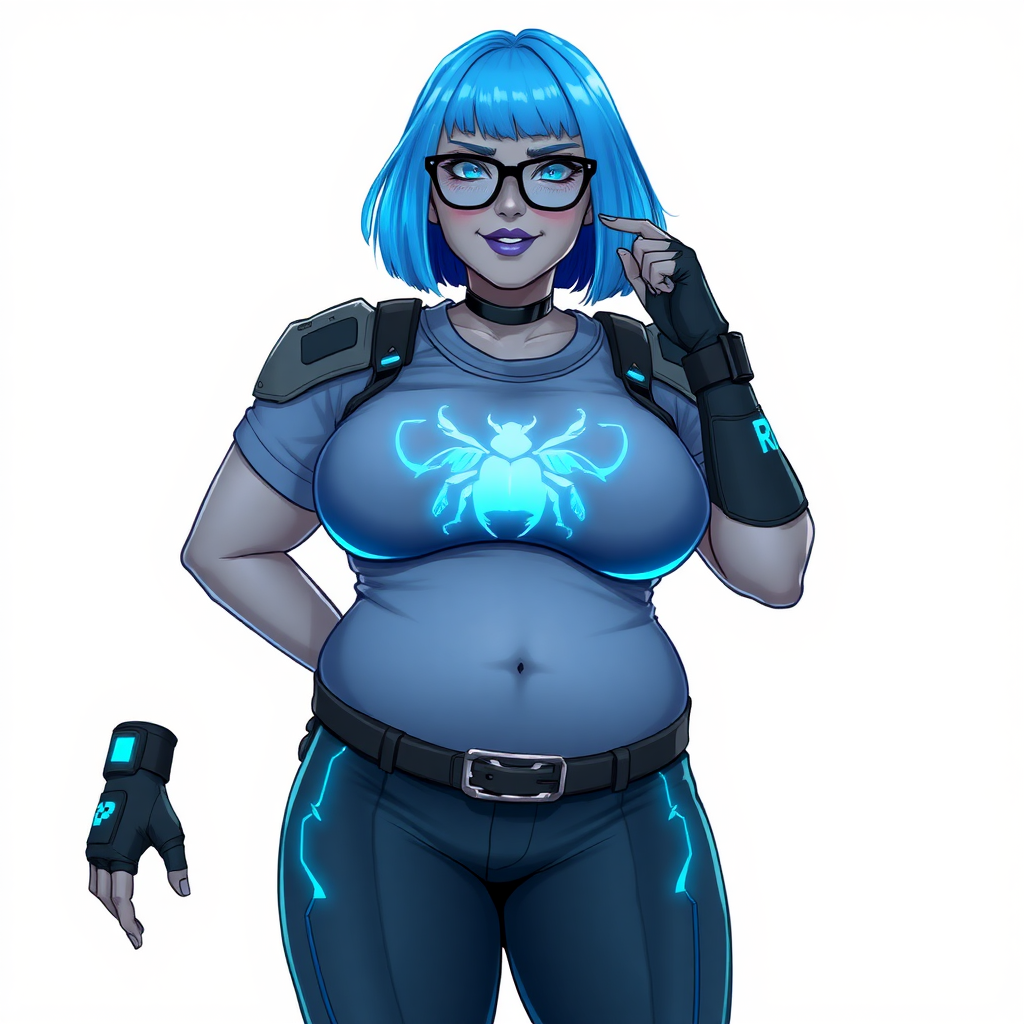 A 28-year-old, full-figured, middle gray skinned computer program hybrid with a maximum blue bob cut. She has a non-athletic build, highlighted by a prominent, round, large midsection (with emphasis on her belly), which shows the aftermath of her pampering. As the heavily pampered digital sidekick to her cyberpunk vigilante boyfriend, her middle gray metallic skin and maximum blue lipstick emphasize her digital nature. She wears a digital, computerized costume inspired by DC’s Carrie Kelly Robin, consisting of a huge, tight-fitting, maximum blue t-shirt with a neon blue glowing chest icon of a beetle, hi-tech shoulder pads with neon blue accents, a black hi-tech belt with a digital neon blue glowing buckle, digital maximum blue biker pants with neon blue accents, and black hi-tech fingerless biker gloves with neon blue glowing accents. Her neon blue glowing eyes, black eyeglasses with a neon blue glowing HUD built into the lenses, and shy smile with neon red blush accentuate her nerdiness. She stands bashfully with one hand behind her back and the other hand gently touching her cheek, her costume covering all her skin and emphasizing her full-figured physique (especially her belly). She is clearly non-athletic, with a focus on her full-figured physique. Despite her build, she radiates beauty. She has a slim face compared to her physique, accentuating her radiant beauty. She is on a solid white background. She is drawn as if she were in a retro 2D cyberpunk fighting game.